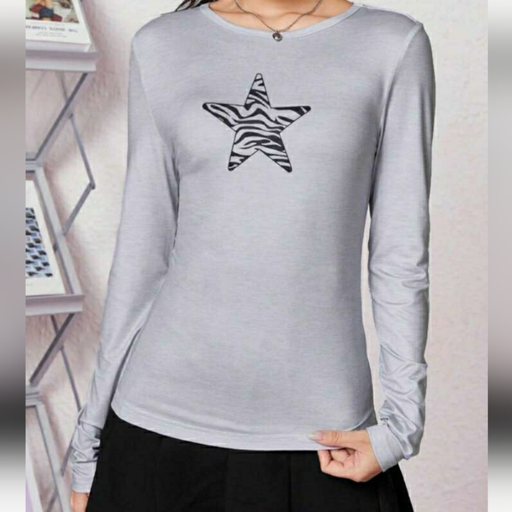 SHEIN Women's Gray Long Sleeve Top with Zebra Star
